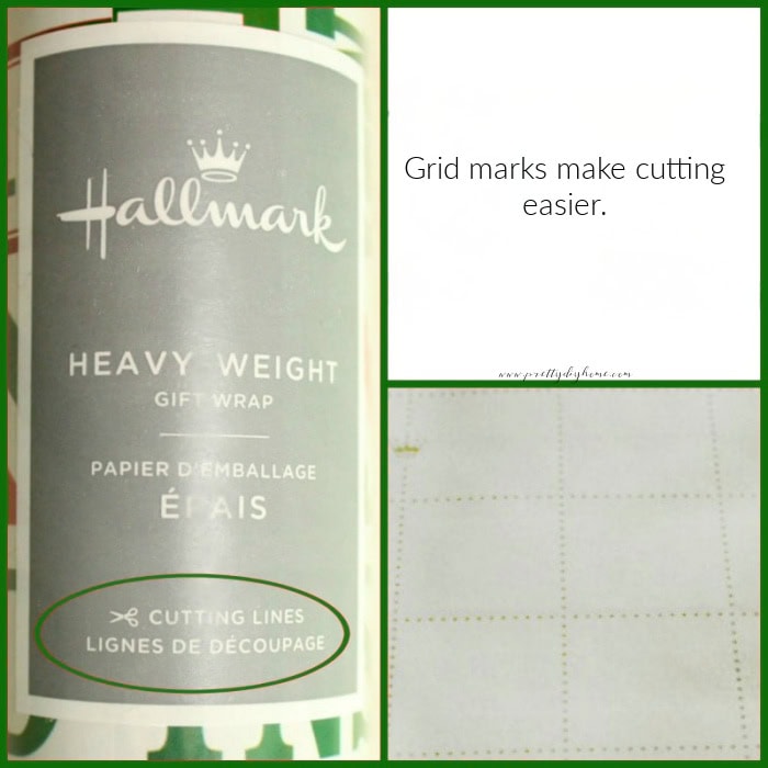 A collager showing grid lines marked on the label of Christrmas wrapping paper, and an image of the marks as shown on the paper itself.