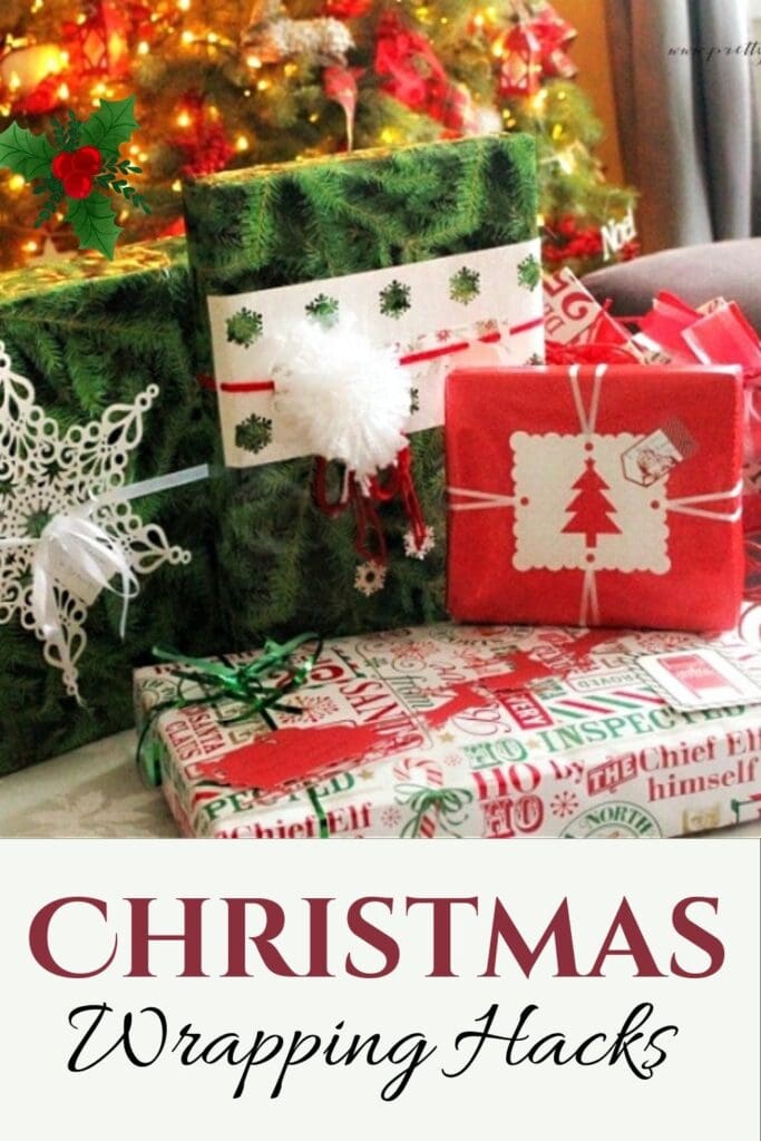 Four presents wrapped with flat embellishments and bows so they are pretty for inside a mail package. The parcels are green and red with white cut out embellishments and a pom pom.