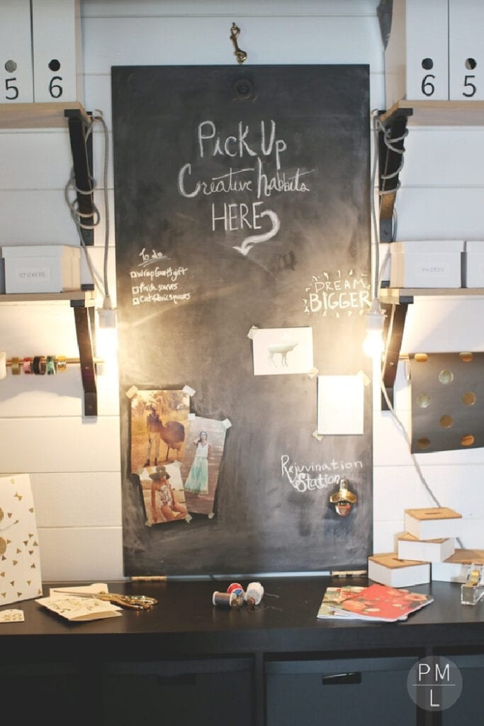 The inside of a craft office closet, with a large chalkboard that folds down to become a sewing desk.