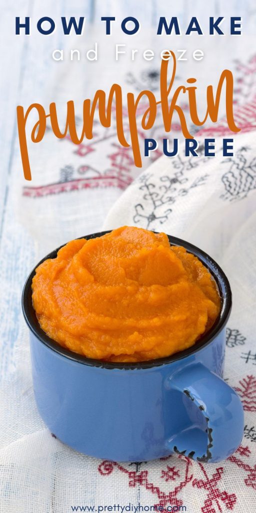 A blue cup filled with fresh homemade pumpkin puree.