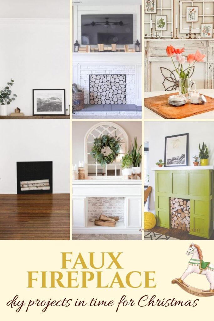 A variety of different DIY faux fireplaces you can make in different colors and styles.  Some are white, some are natural wood, and one is a soft green.