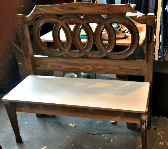 A bench made from a headboard, before receiving a paint makeover. Headboard bench ideas, diy bench seat, diy headboard bench, how to make a bench from a headboard