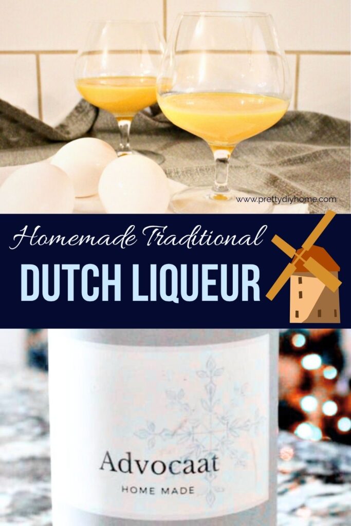 Homemade Dutch advocaat served in a brandy glass with a close-up of the bottle label below, showing the vintage-style design.