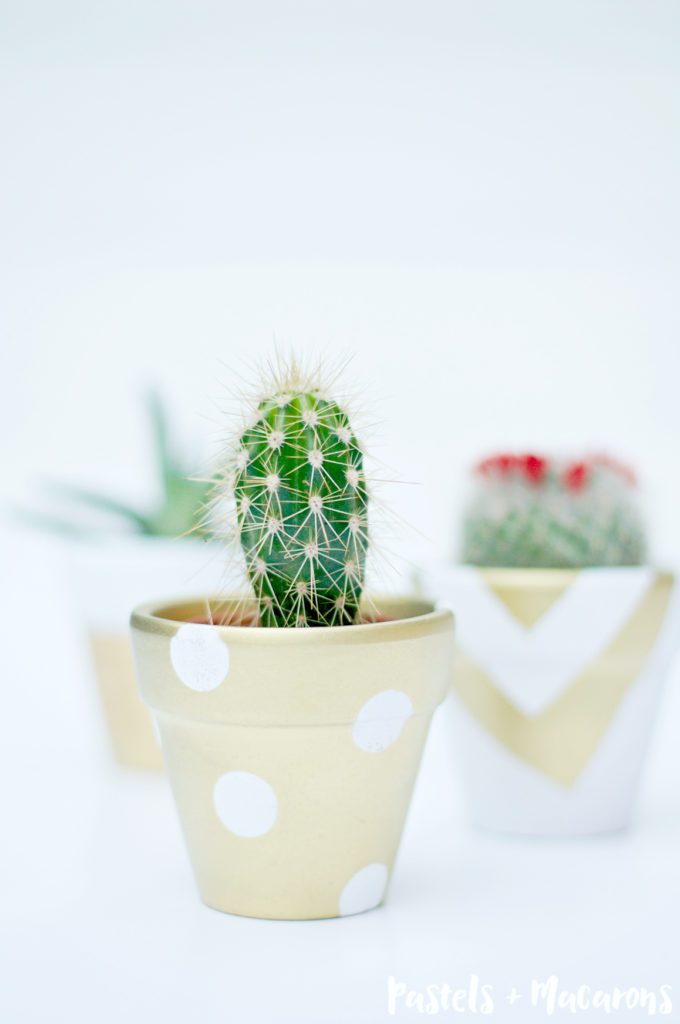 Gold metallic and white painted terra cotta pots. Clay pots with geometric white and gold designs.