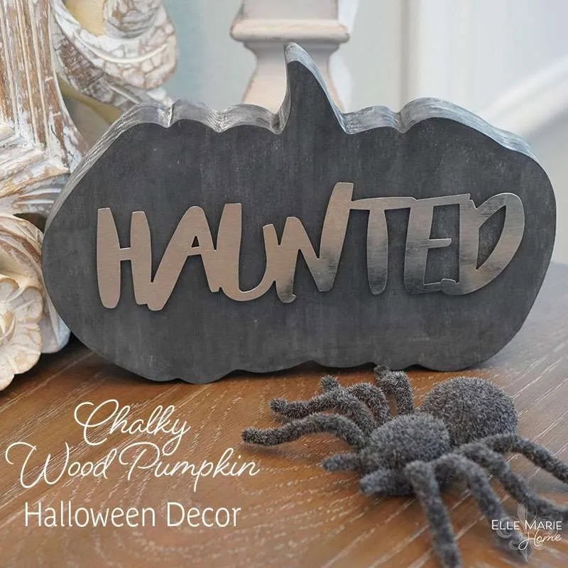 A diy chalkboard painted pumped in black with silver letters that say Haunted. There is a very ugly creepy black spider in front of the pumpkin.