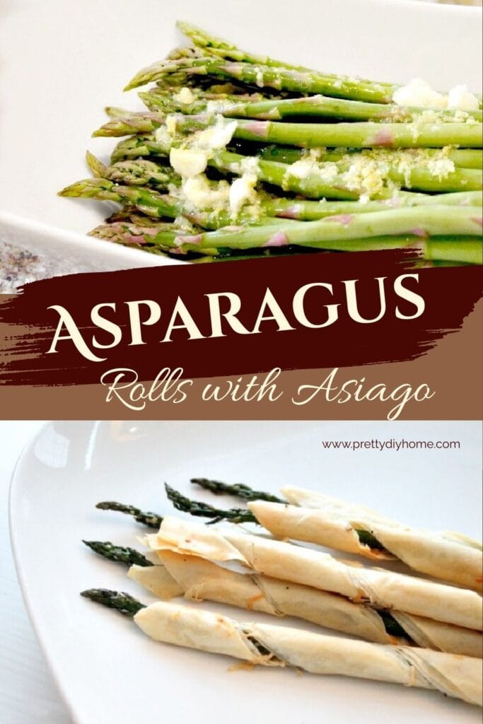 Two images of asparagus roll made with phyllo pastry strips and asparagus. one is prepped asparagus with asiago cheese, the second one is a serving of the asparagus wrapped in a golden twist of asiago.
