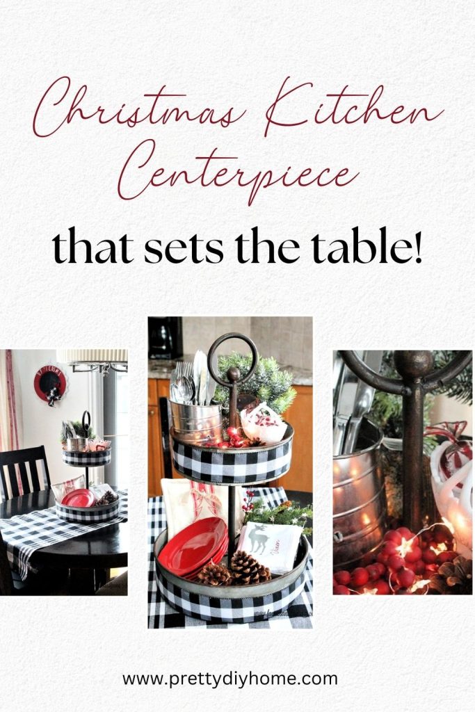 Three images showing a Christmas kitchen centerpiece sitting on a table decorated with practical Christmas decorations, like a heating pad, festive salt and pepper shakes, red Christmas plates and Christmas napkins.