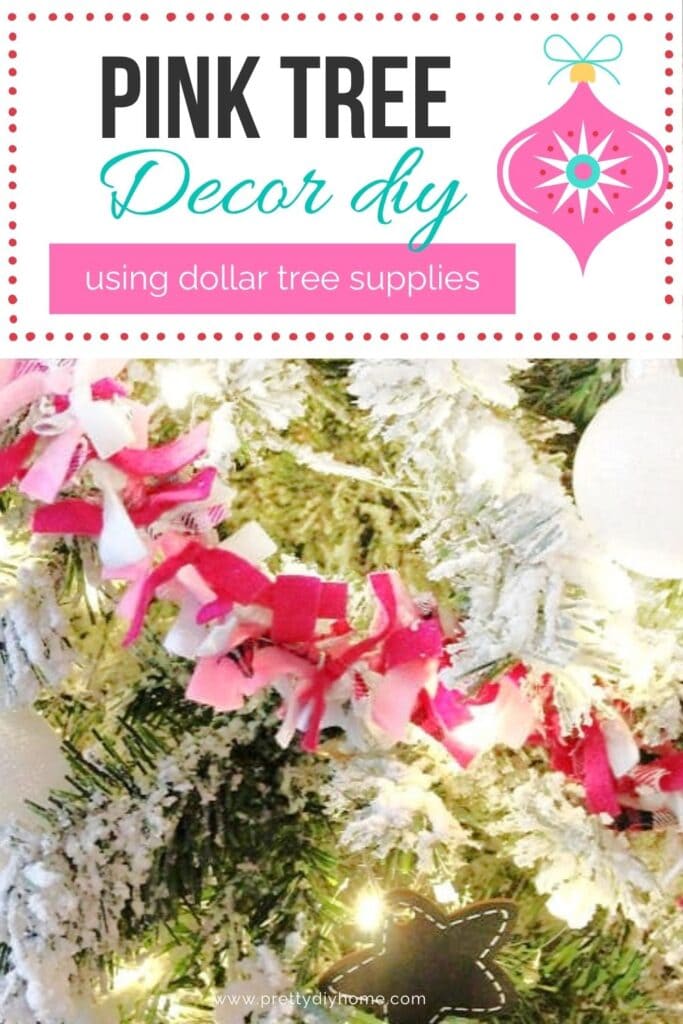 A small Christmas tree deorated with a handmade pink fabric, felt, and plaid diy Christmas tree garland.