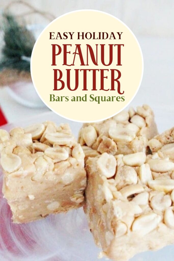 A tray of no bake peanut butters bars sitting on a white plate with a red napkin and greenery in the background.