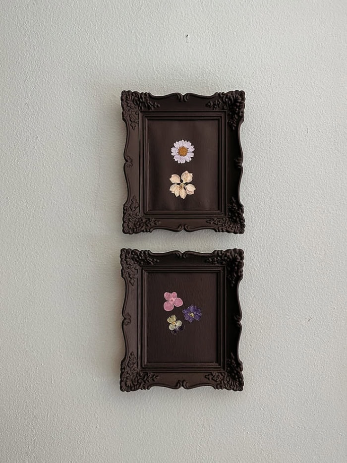 Pressed flower art displayed in repurposed vintage frames styled as soft spring wall decor.