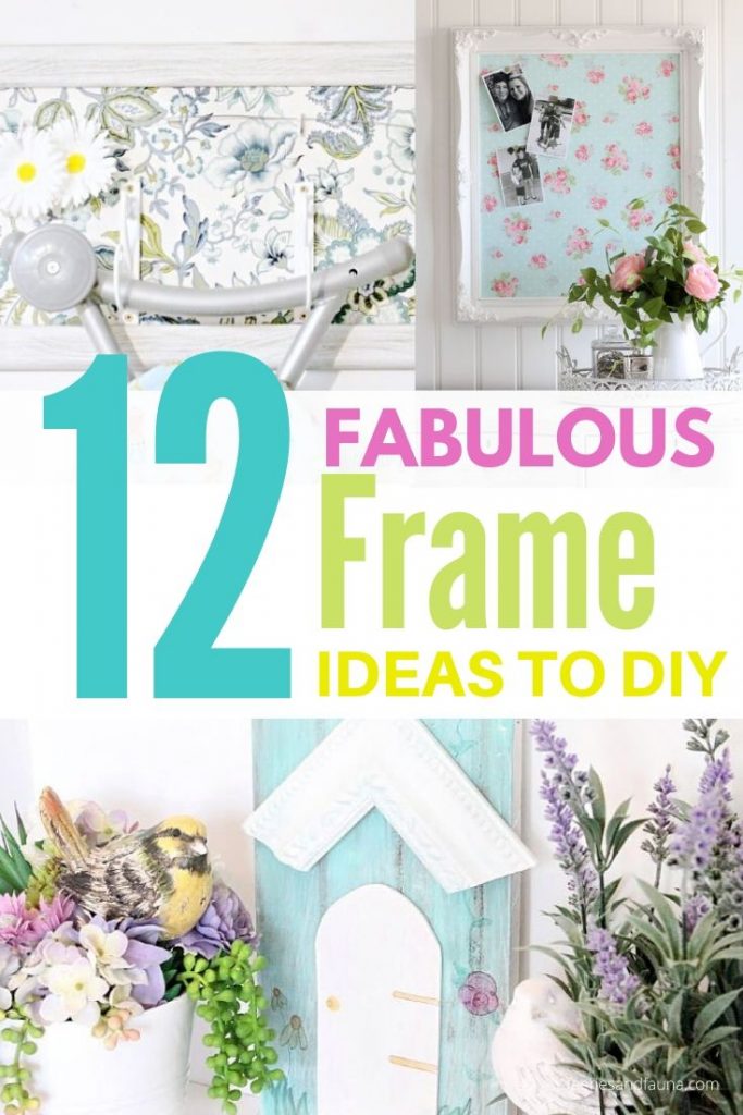 Three images showing pretty picture frame upcycling craft ideas, a bird house wall art for outdoor, an ironing board hanger with a framed background, and a DIY bulletin board.