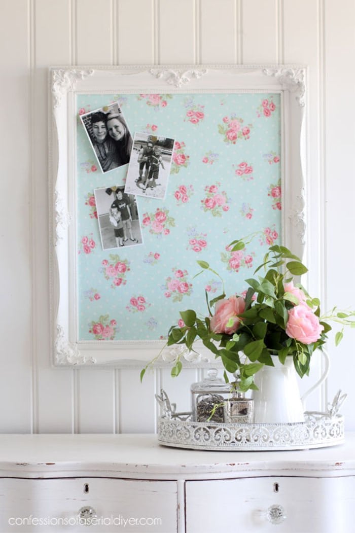 Pretty upcycled picture frame bulletin board idea.