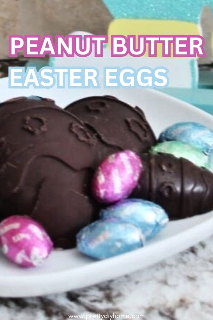 A tray of peanut butter easter eggs made with dark chocolate.  The eggs are sitting on a white plate surrounded by multi colored foil covered Easter eggs.