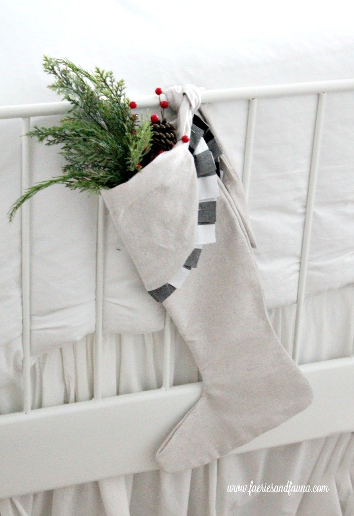 Hand crafted faux linen Farmhouse Christmas stockings using drop cloth.