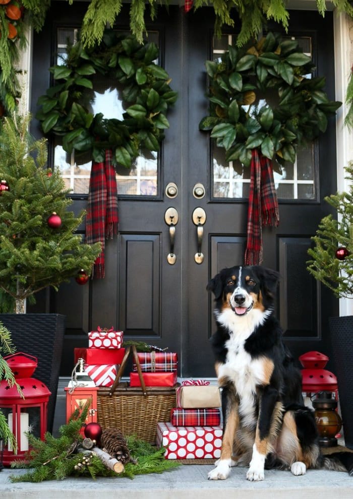 Front Christmas porch with traditional Christmas wreaths, plaid wrapped gifts and a border collie.