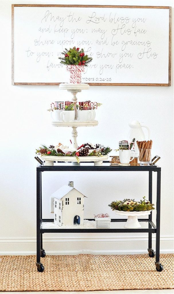 DIY Christmas Hot Chocolate bar on a minimalist metal roll cart.