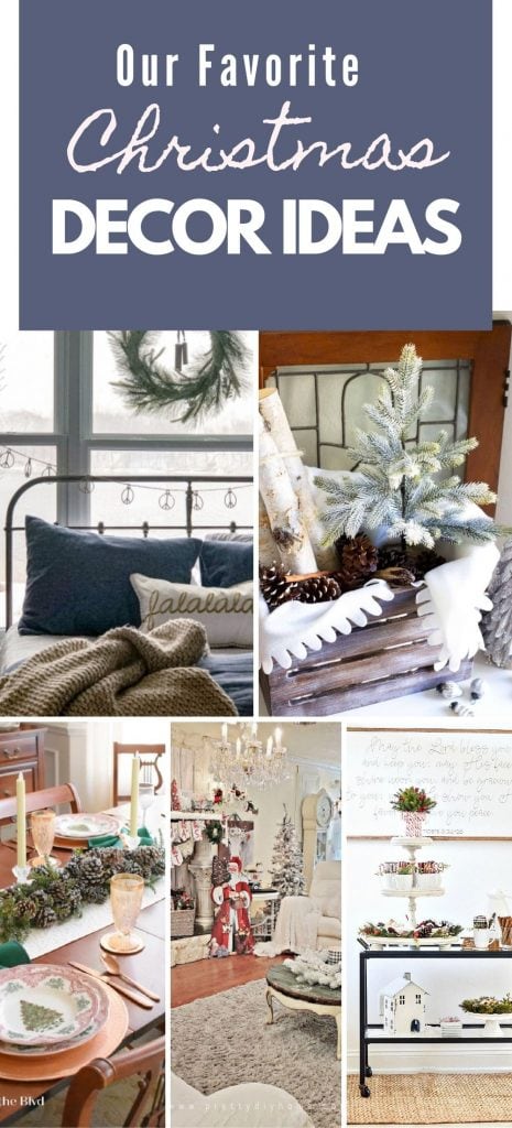 A collage of DIY Christmas home decor for the bedroom, kitchen, livingroom and a hot cocoa station.