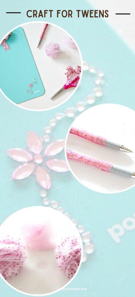 Plain office supplies that have been crafted with extra bling, shiny pom poms, sparkly beads, and washi tape.