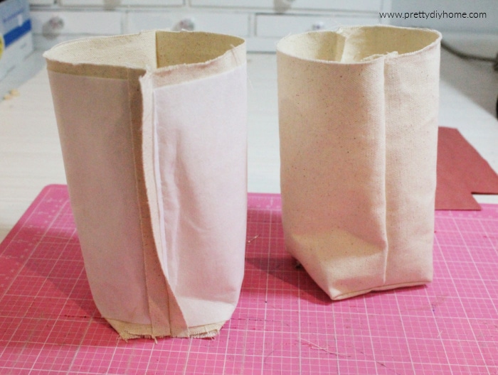 The completely sewn inner lining and outer casing of a DIY fabric baskets, its sewn in cream coloured duck cloth