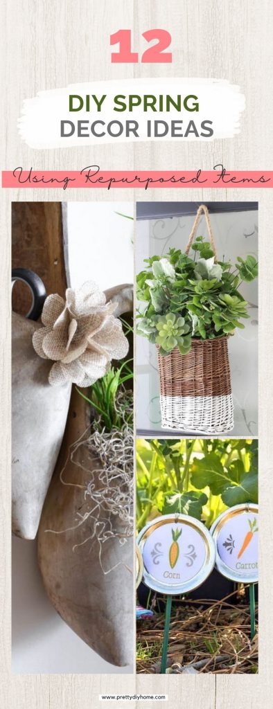 Several examples of DIY Spring Decor Ideas in tans and greens, two vintage dutch wooden shoes used as spring planters, an old basket with greenery used as a wreath for the front door, and printable labels on tin lids for garden market Spring decor.