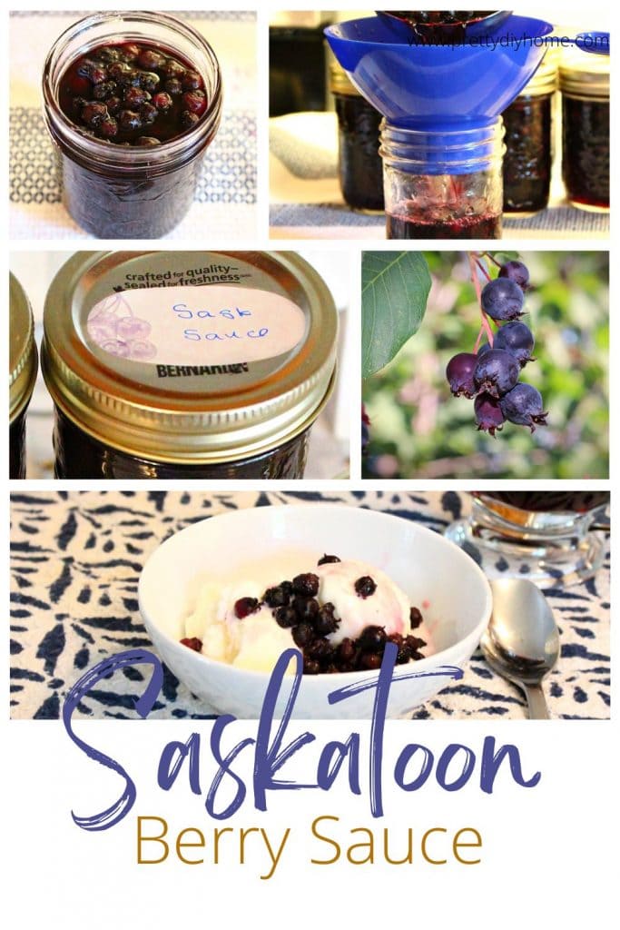 A collage of different Saskatoon berry recipe pictures, saskatoons on a branch, saskatoon sauce in a jar, saskatoon sauce over ice cream, and an open jar of saskatoon sauce that shows the pretty purple colour of the saskatoon berries.