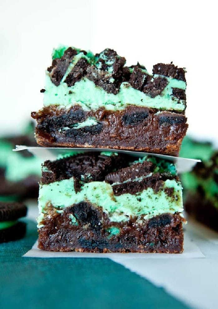Thick and very luscious and moist chocolate mint brownies, with chunks of oreo on top for crunch.
