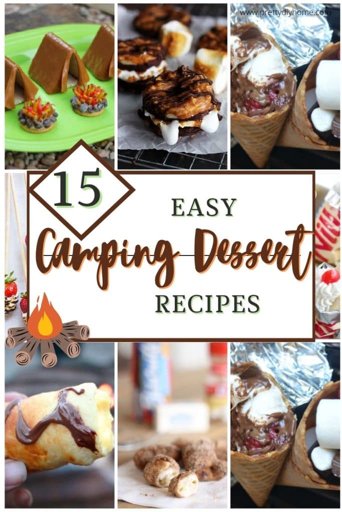 Different camping desserts collage, donuts, cream puffs, campfire cones, walking dessert bags, and campfire cream puffs.