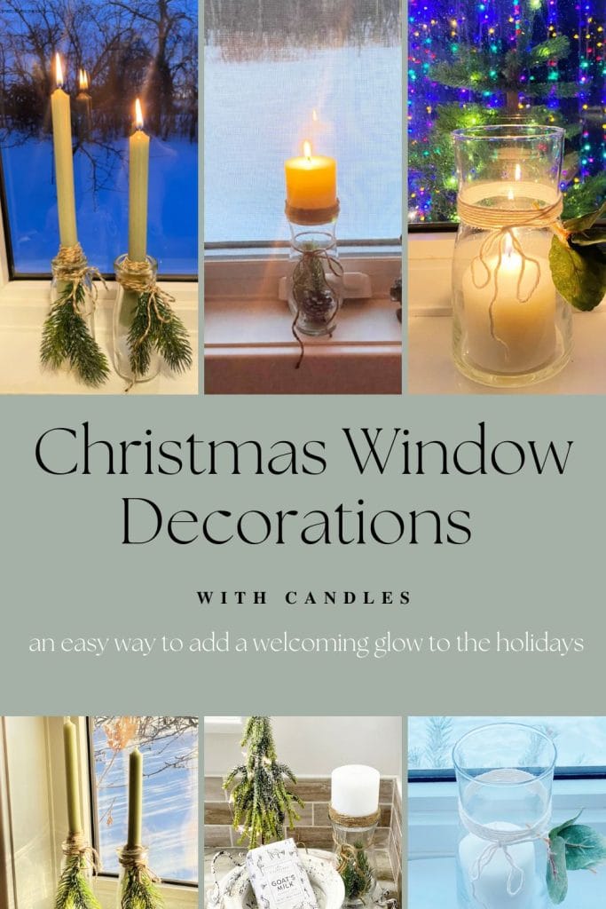 Four different styles of candles in the windows for Christmas. Neutral Christmas decor you can create on a udget for a cozy Chrsitmas aesthetic in your home.