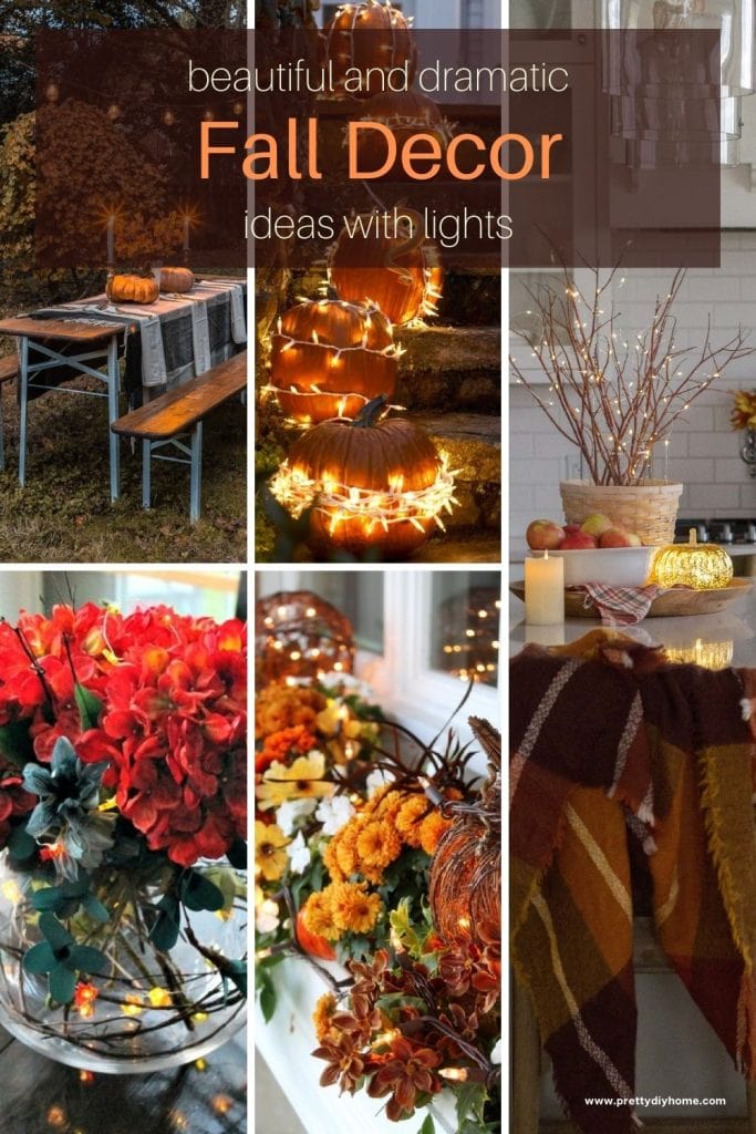 A collage of fall decor images including a outdoor table decorated for Fall, a fall centerpiece, a kitchen decorated for fall, a front porch decorated for fall, and pumpkins. Each picture incorporated colourful fall decor with sparkling lights.