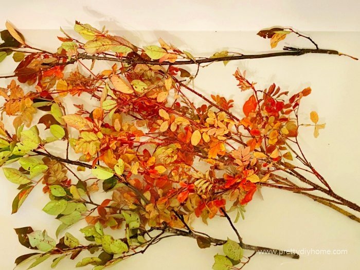 Soaking real fall branches with bright yellow, soft orange and green leaves in a tub for preserving branches.