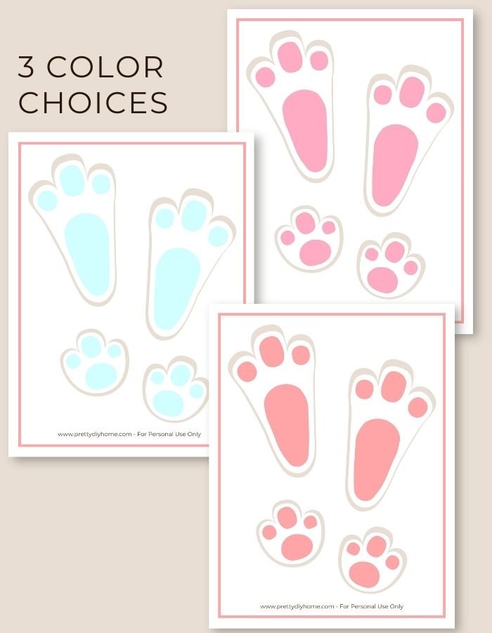 Three Easter bunny footprint printables in blue, pink and soft pink.