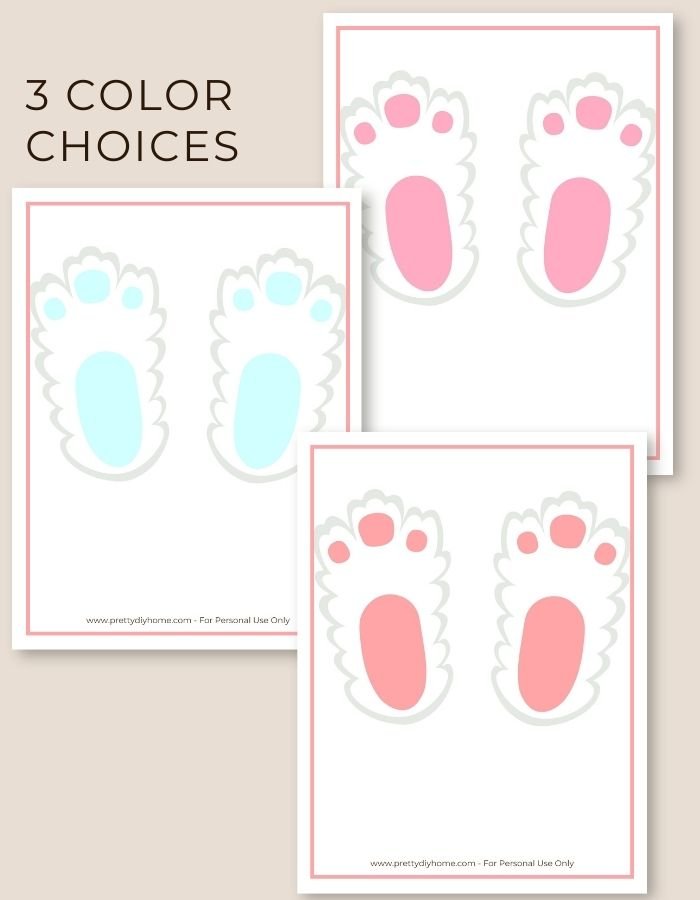 Three different sets of bunny footprints, each with two back footprints.  The bunny footprints are shaggy looking and shown in three color choices, bright blue, soft pink and bright pink.