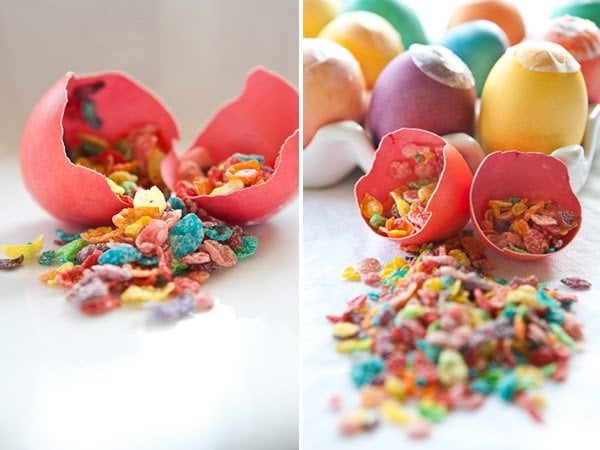 two images of brightly coloured Easter eggs filled with confetti for an Easter egg hunt.  