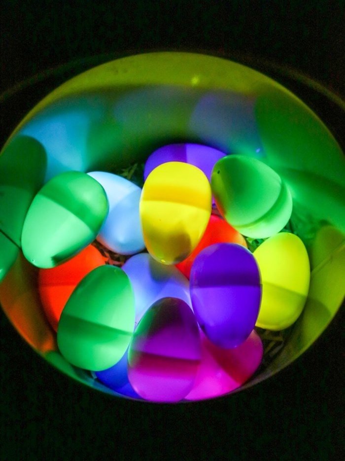 A bucket full of glow in the dark Easter eggs.