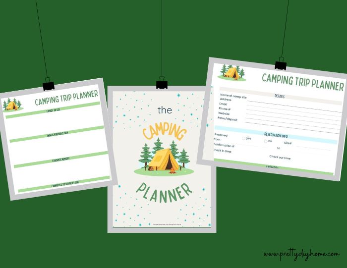 A hanging frame graphic with camping checklist printable pages hanging in them.