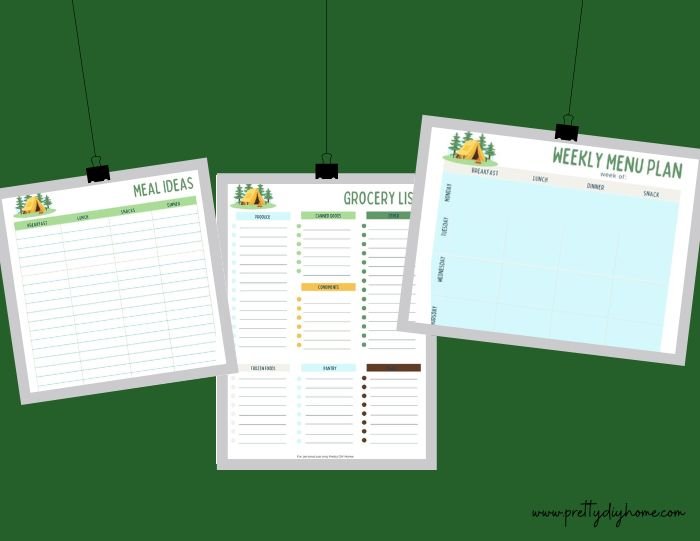 Three pages from a ccamping pack list printable, these one are for groceries and menu planning.