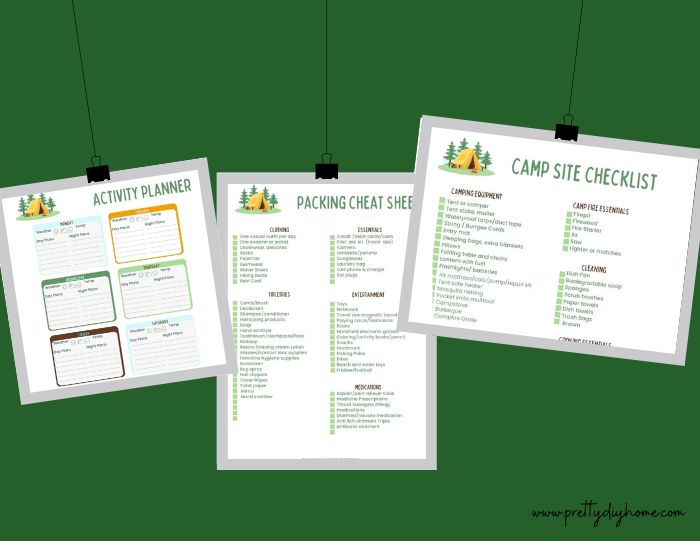 A hanging frame graphic with camping checklist printable pages as examples