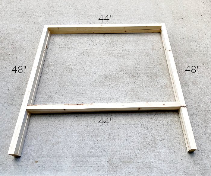 The basic construction of a pea trellis with two 48 inch verticals, and two 44 inch horizontal cuts of wood.  Perfect for growing peas or beans.