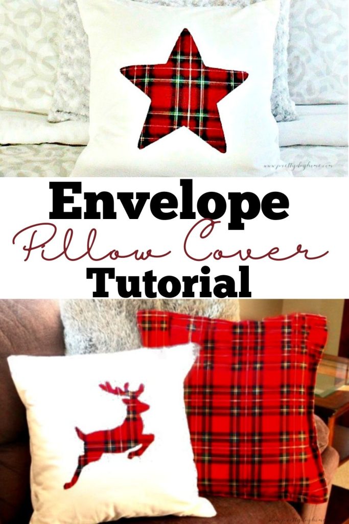 Three different easy Christmas pillow DIY ideas for the holidays. One is solid red tartan, the other two are white cushions with red applique of a red deer, the second one is a large star.