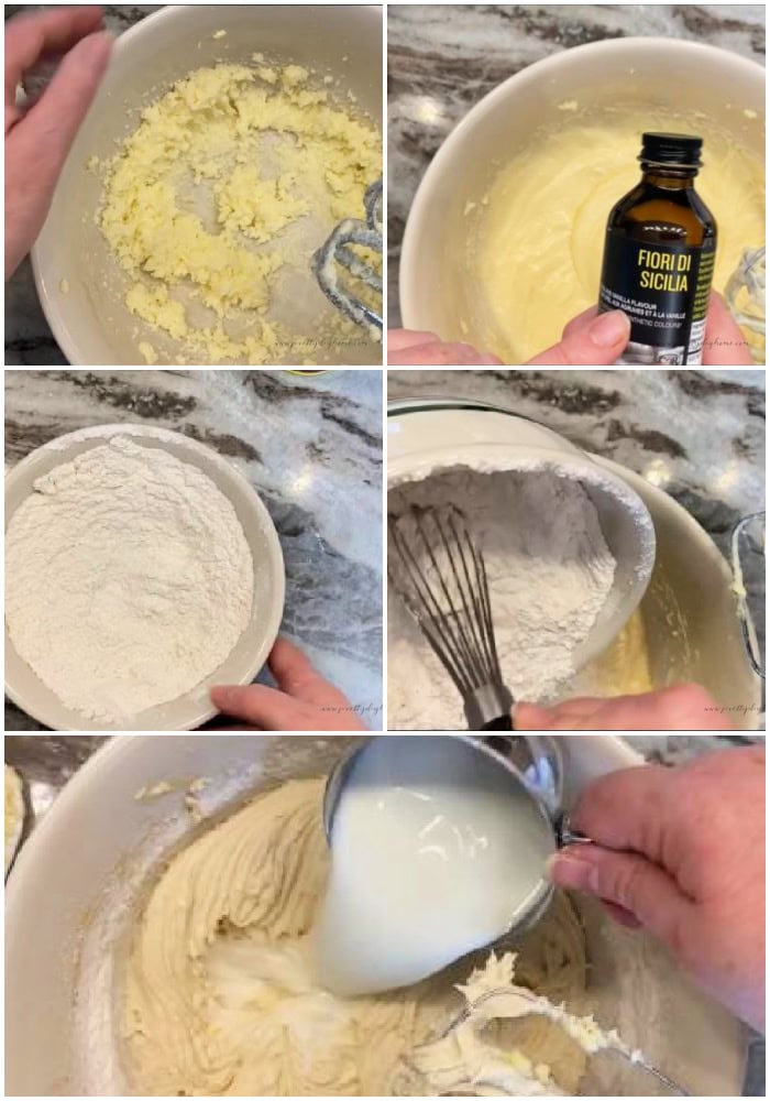 Five steps to making panettone muffins, creaming butter sugar and oil, adding fiori di sicilia, mixing dry ingredients, then adding to the muffin batter alternating with milk.