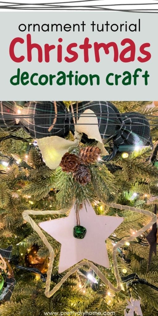 A large Star Christmas Tree Ornament  with a green wire star outline, and wood star center.  The Easy Christmas tree decoration is in neutral colors of brown, greens, creams and white.