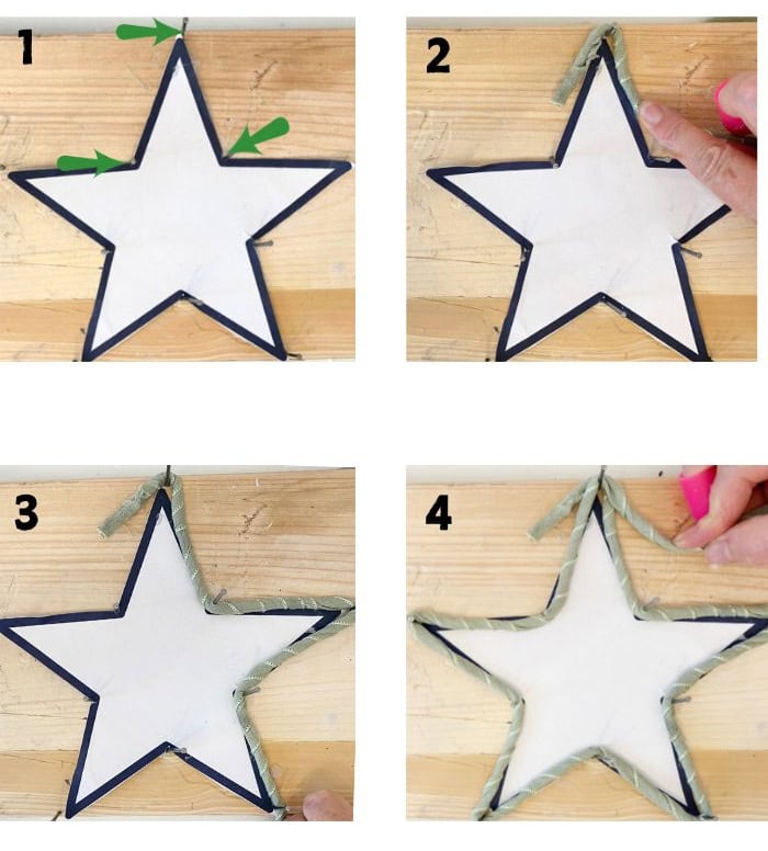 4 Steps to folding a wire into a star 1, make the star pattern, 2 fold wire over the top, 3 fold wire around points and dips of star, 4. finished star .