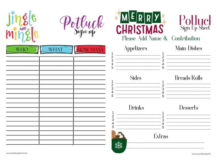 Two colorful Christmas potluck sign up sheets for free printables.