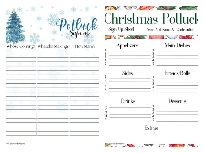 Two different images of Christ,mas pitluck sheet sign up forms in different styles and colors.  One is blue with snowflakes the other says Merry Chritmas in green and red