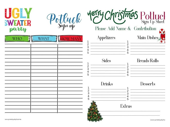 Two colorful Christmas potluck sign up sheets for free printables.