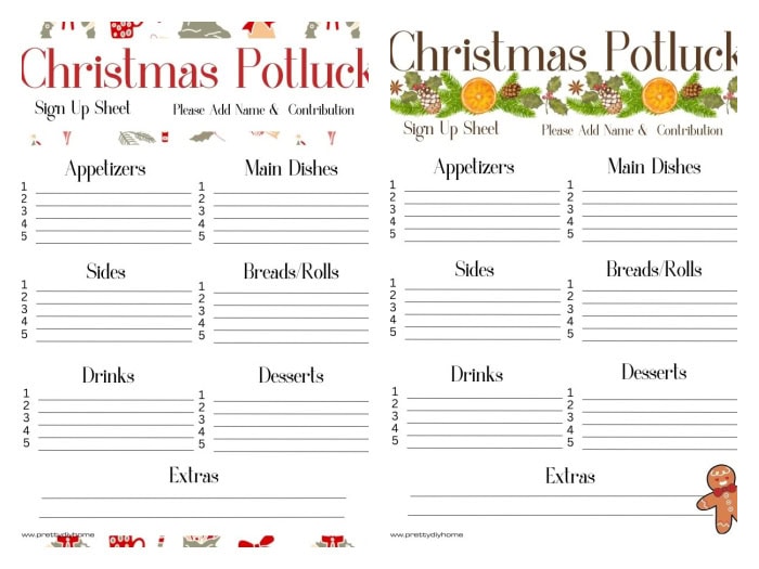 Two different images of Christ,mas potluck sheet sign up forms in different styles and colors. One is red and says Christmas potluck the other says Merry Chritmas in green and red