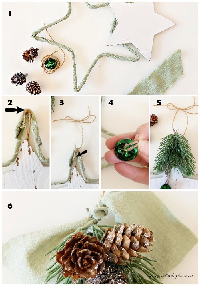 A collage of steps to decorate a Christmas ornament, adding twine, greenery, pinecones and a bow.