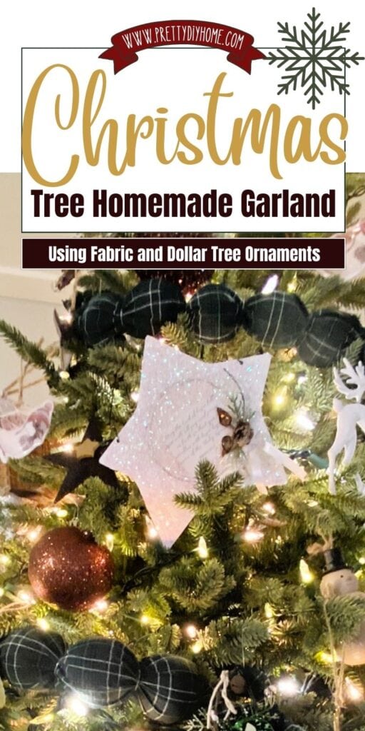 A DIY Christmas garland made with green plaid fabric and Dollar Tree Christmas balls. The plaid themed garland is hanging on a Christmas tree with brown, cream and white sparkling ornaments.