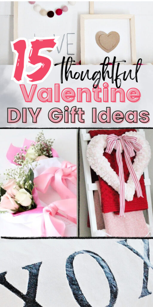 A collage of five different Valentine crafts for adults, there is a homemade cushion, two wood Valentine signs, a heart shaped wreath, and a bouquet with a free printable.