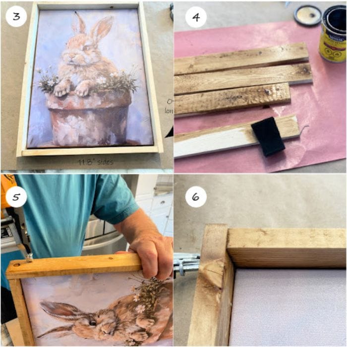 A collage of steps showing how to build a wooden frame measuring, staining, mounting, and strengthening the corners with nails.